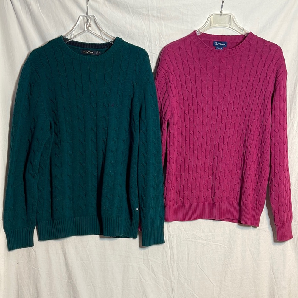 Men’s Sweater Bundle Medium Cable Knit Crewneck NAUTICA Paul Fredrick Green Plum